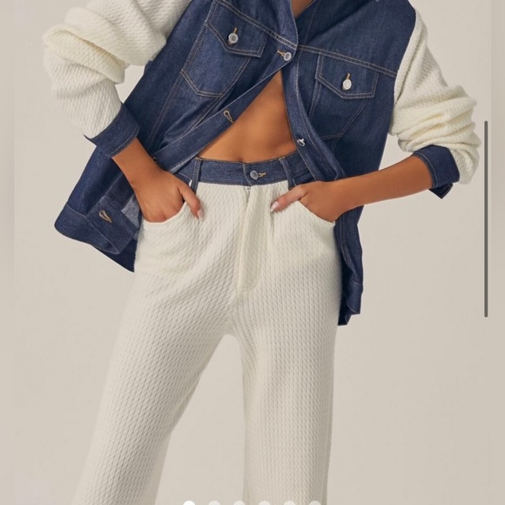 WeWoreWhat High Rise Denim Cable Knit Wide Leg Jean in Cream - Picture 2 of 4